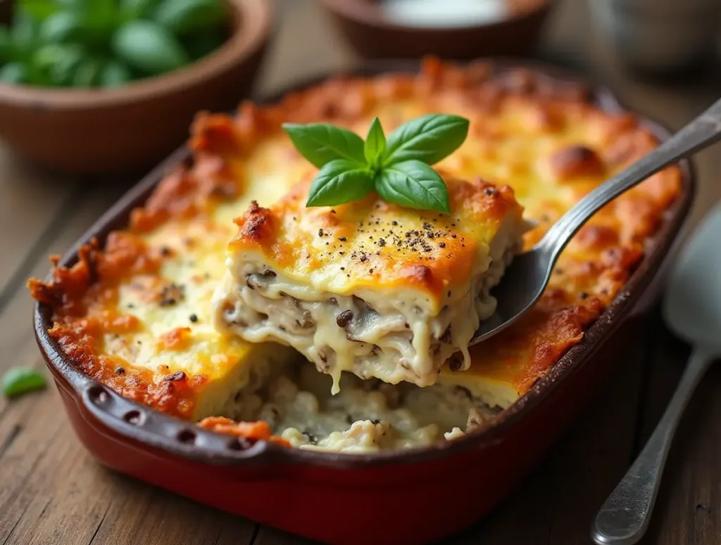 Lasagne met kip en champignons
