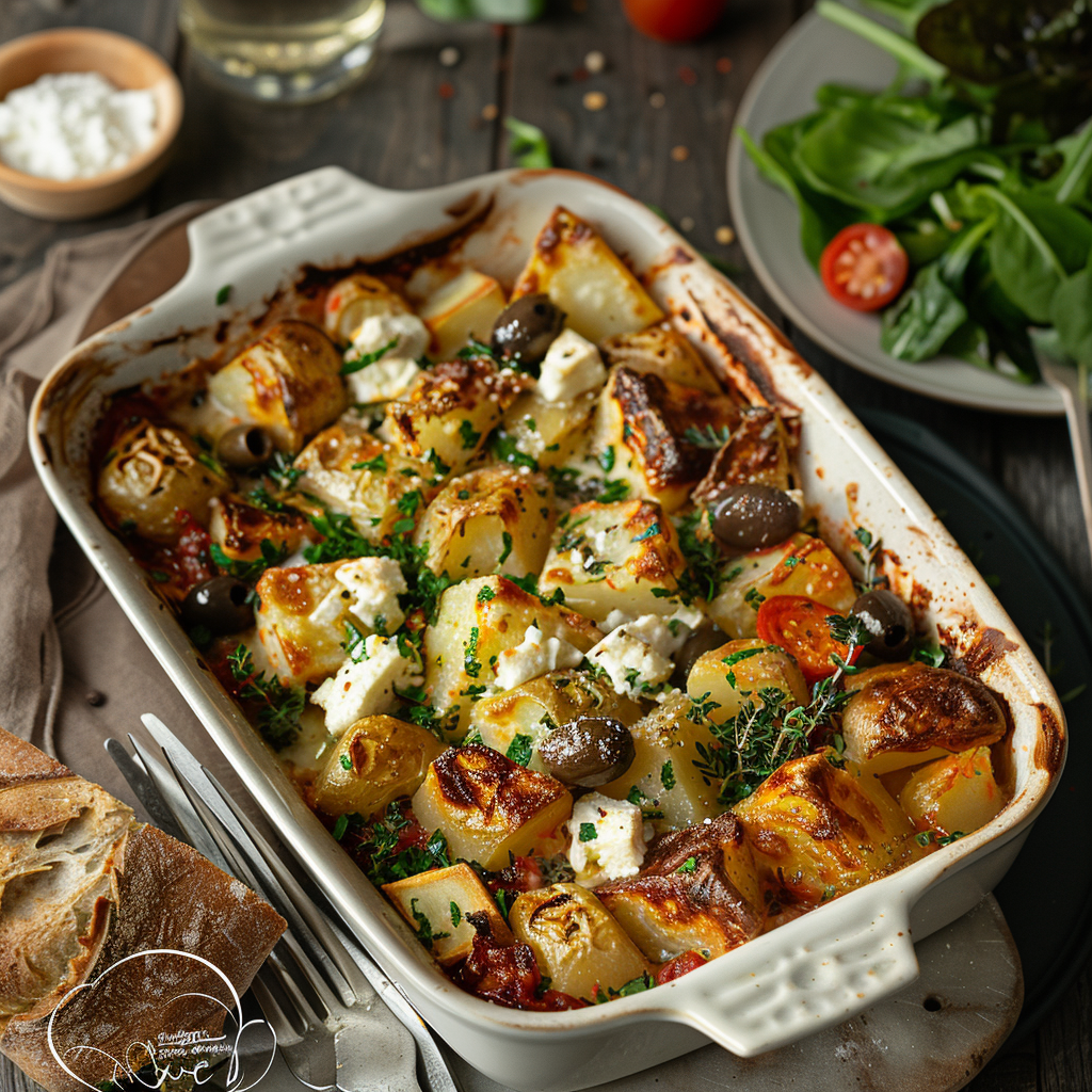 Aardappel-groenten ovenschotel met feta en olijven