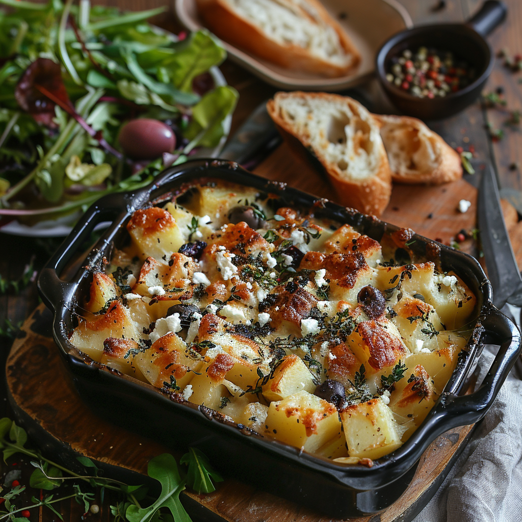 Aardappel-groenten ovenschotel met feta en olijven