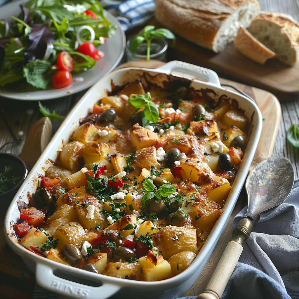 Aardappel-groenten ovenschotel met feta en olijven