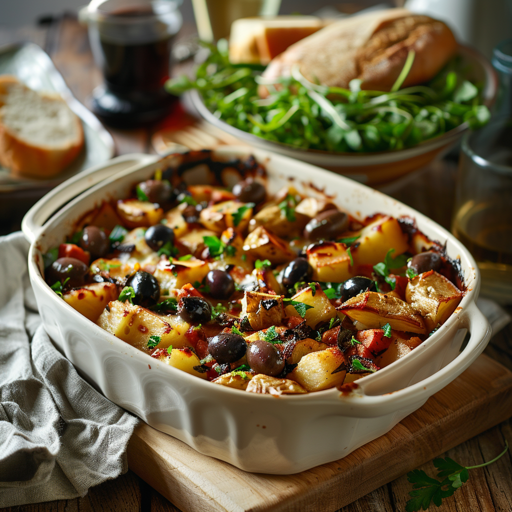 Aardappel-groenten ovenschotel met feta en olijven