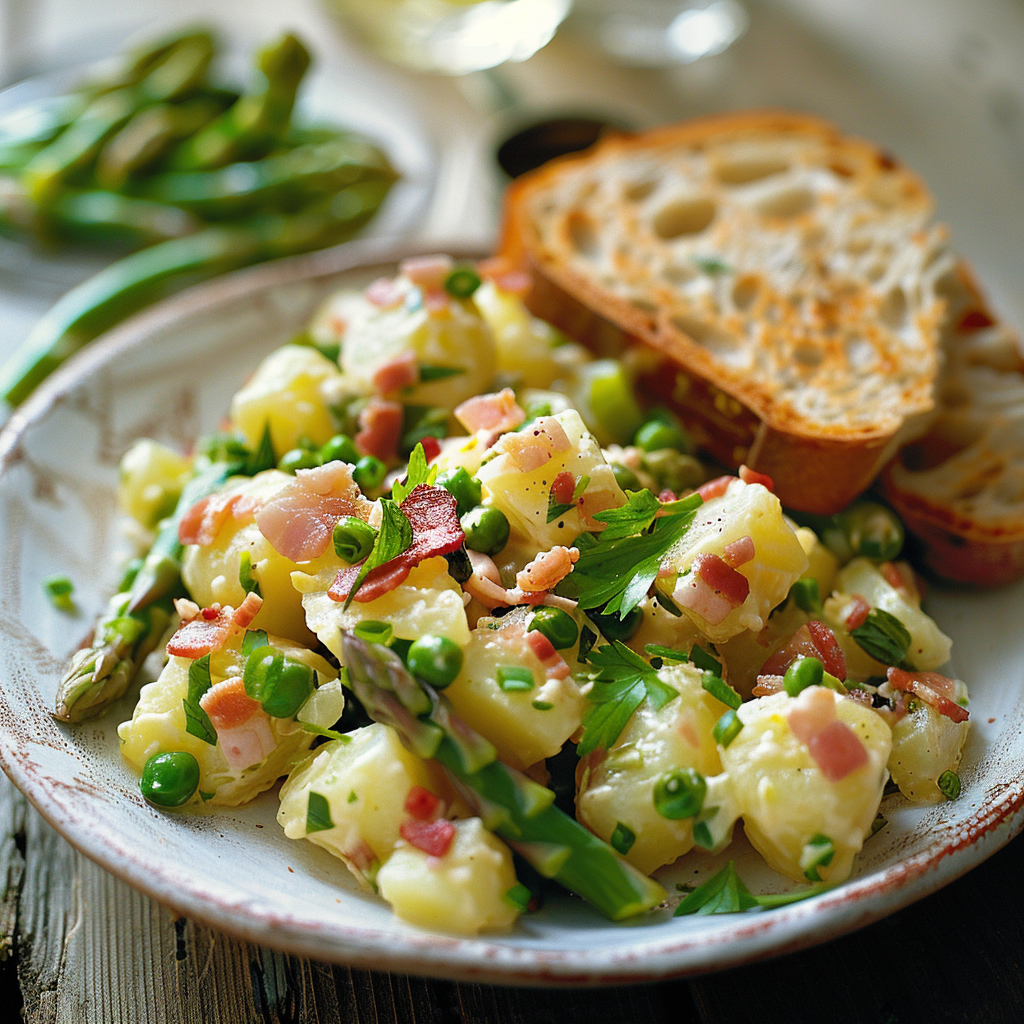 Aardappelsalade met spekjes en groene asperges