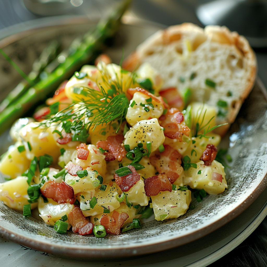 Aardappelsalade met spekjes en groene asperges
