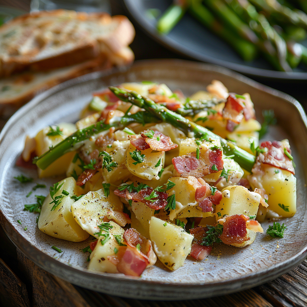 Aardappelsalade met spekjes en groene asperges