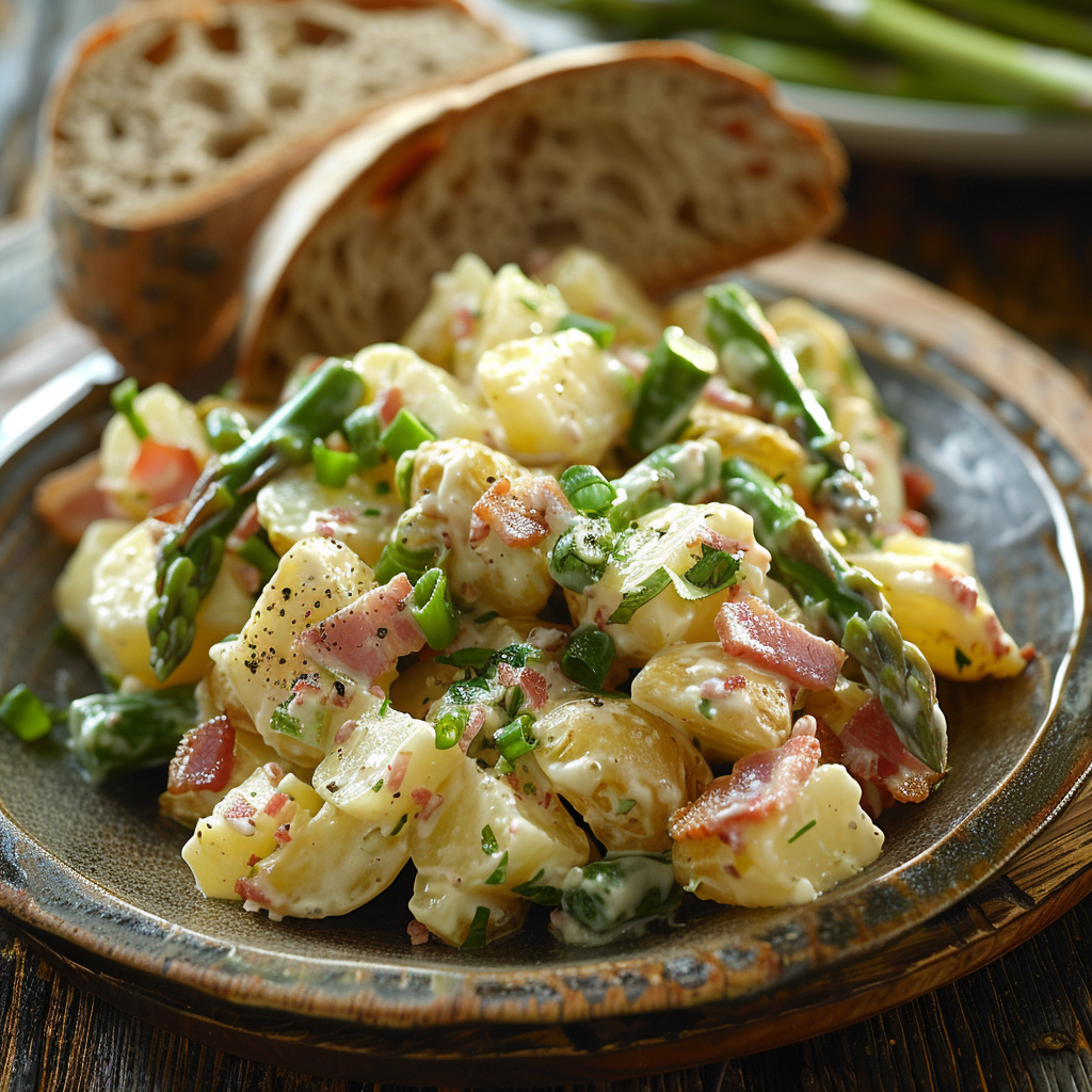 Aardappelsalade met spekjes en groene asperges