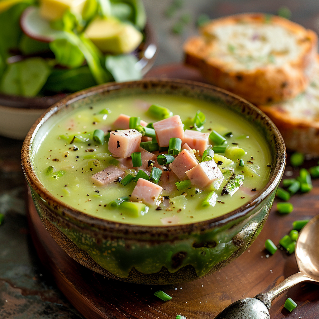 Aspergesoep met hamblokjes en bieslook