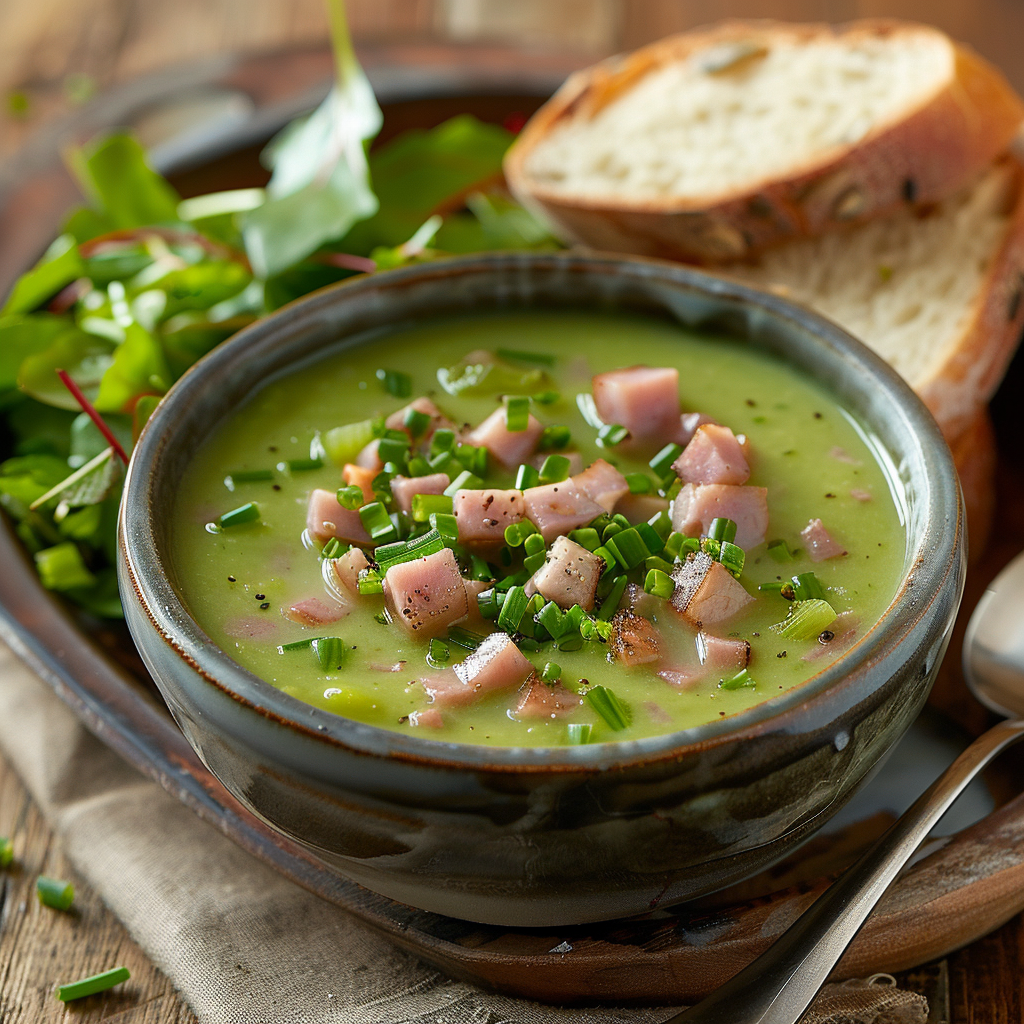 Aspergesoep met hamblokjes en bieslook