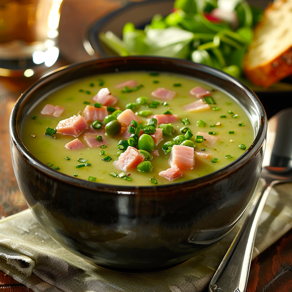 Aspergesoep met hamblokjes en bieslook