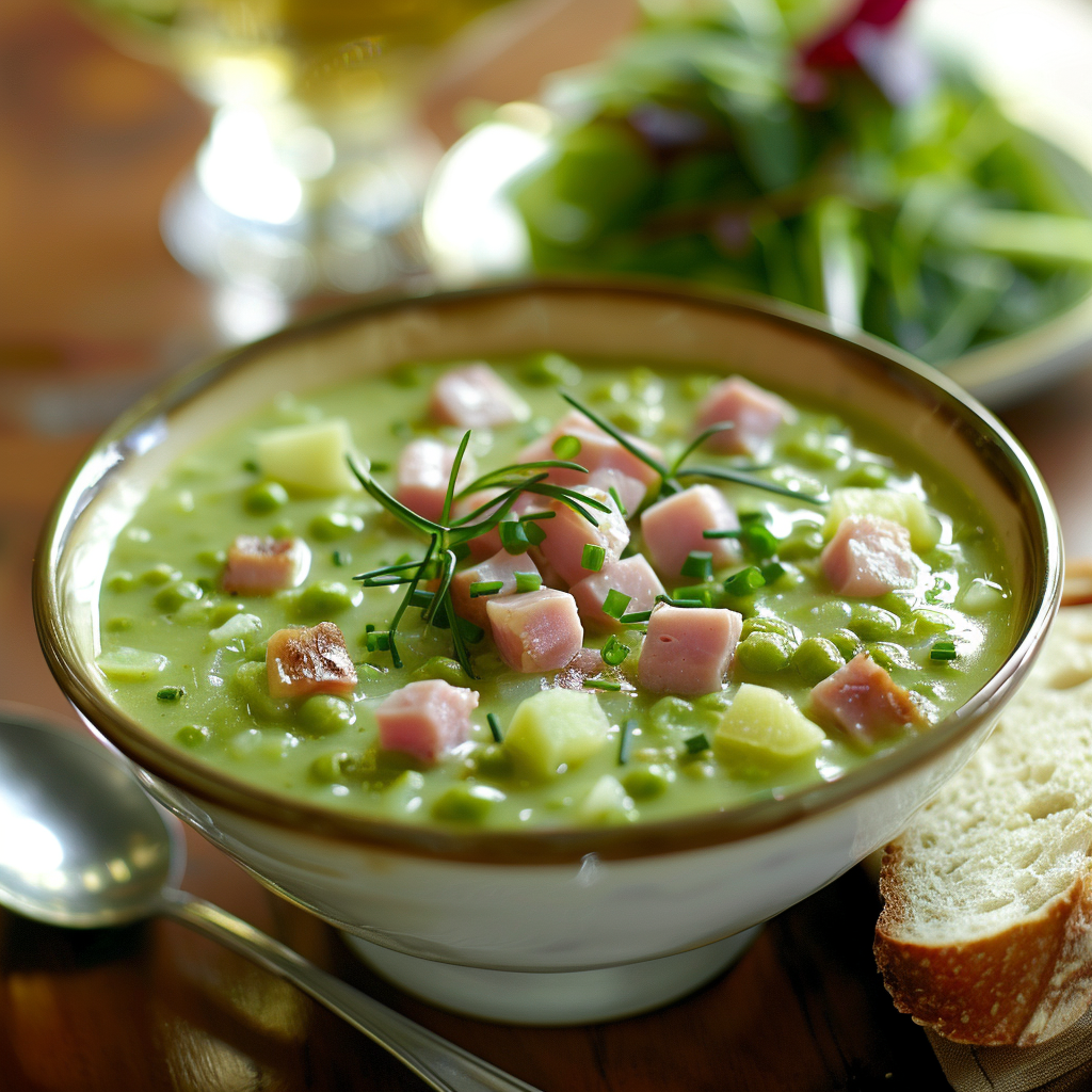 Aspergesoep met hamblokjes en bieslook