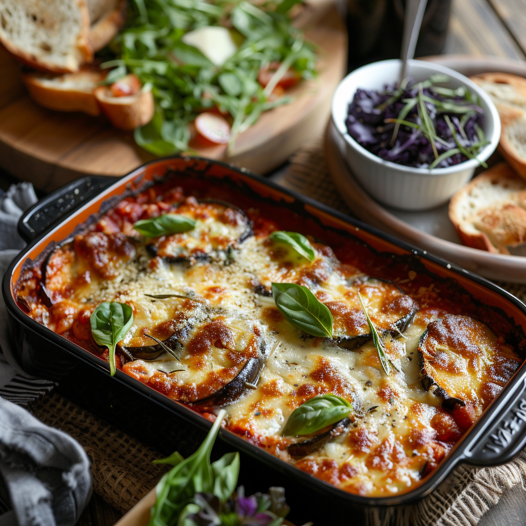 Aubergine-parmigiana met basilicum en bechamel