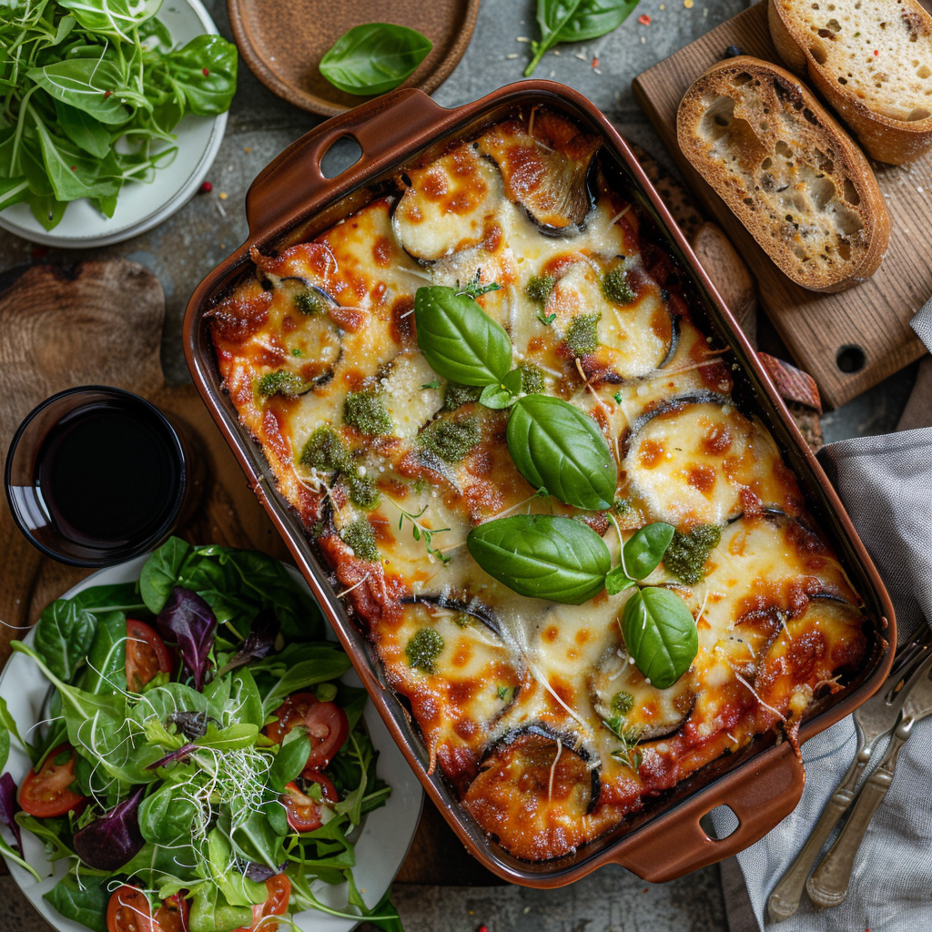 Aubergine-parmigiana met basilicum en bechamel