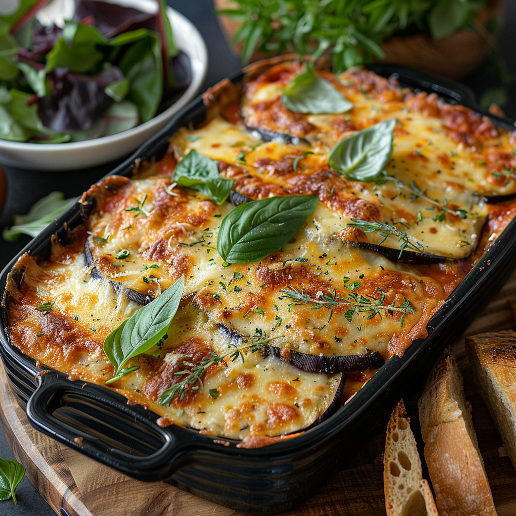 Aubergine-parmigiana met basilicum en bechamel