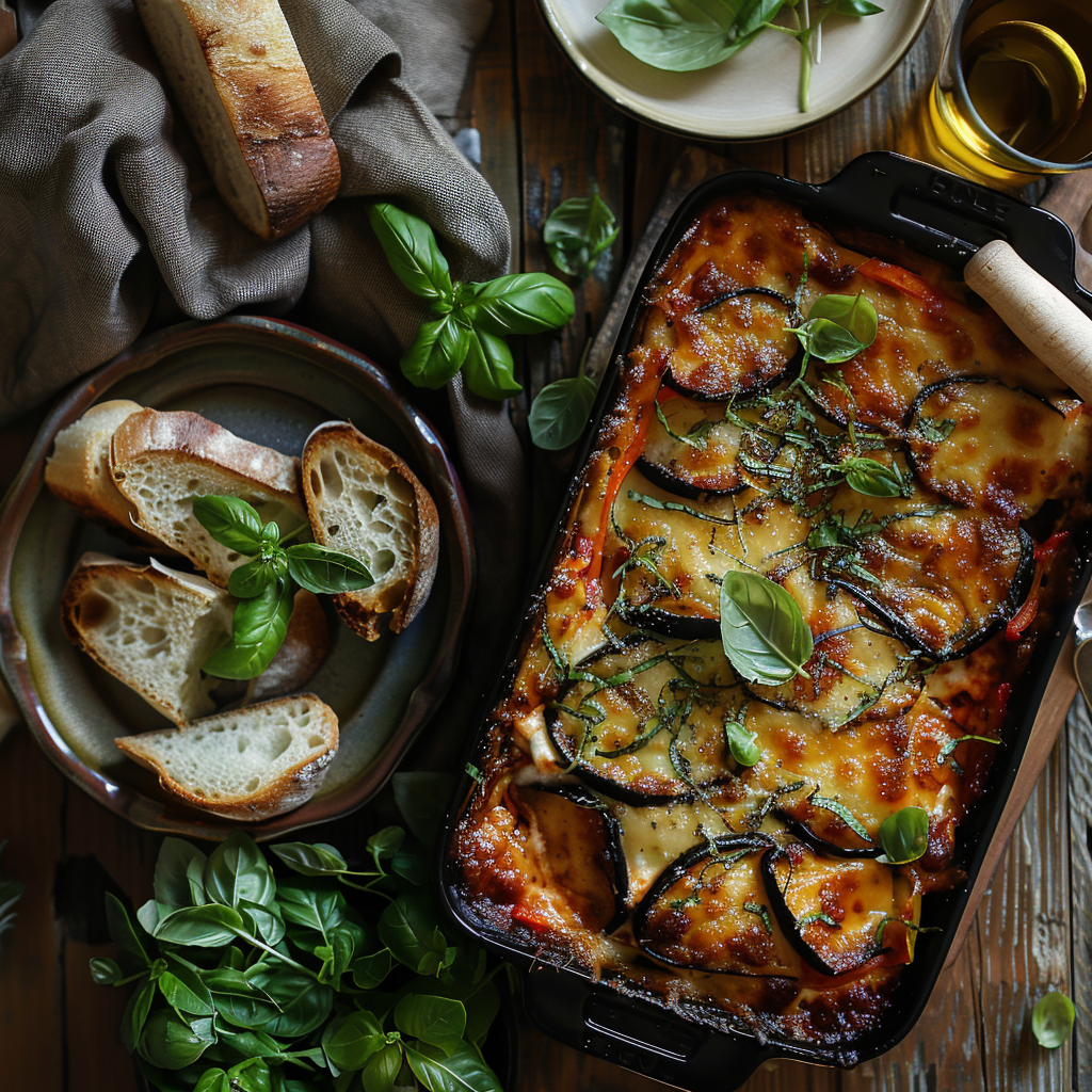 Aubergine-parmigiana met basilicum en bechamel