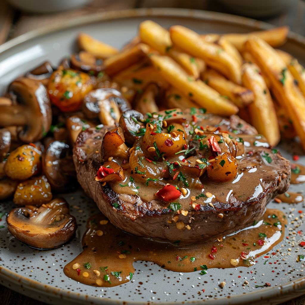 Biefstuk met pepersaus en gebakken champignons