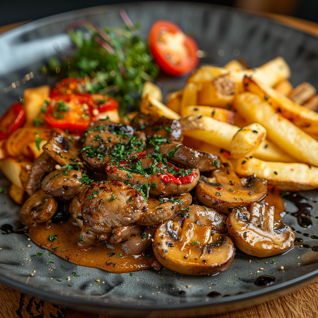 Biefstuk met pepersaus en gebakken champignons