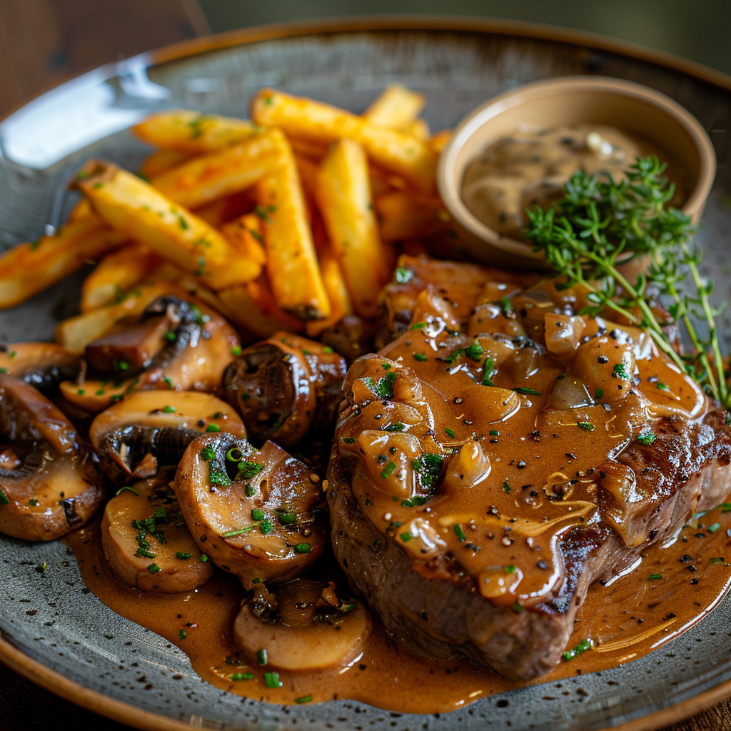 Biefstuk met pepersaus en gebakken champignons