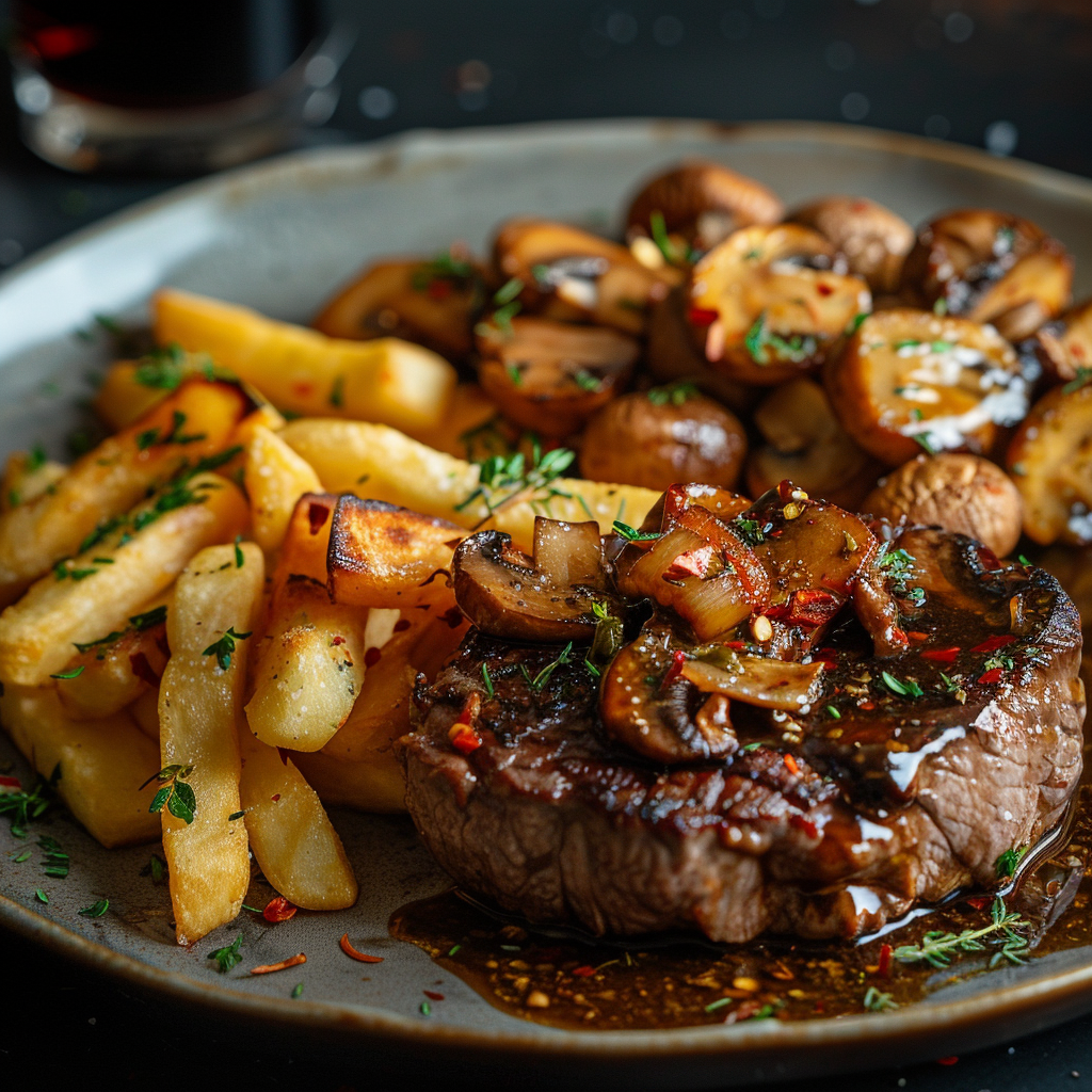 Biefstuk met pepersaus en gebakken champignons