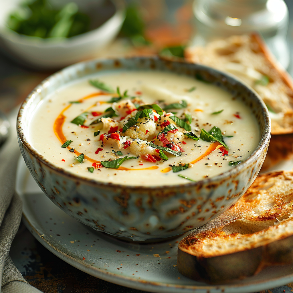 Bloemkool-kaassoep met paprika-crème