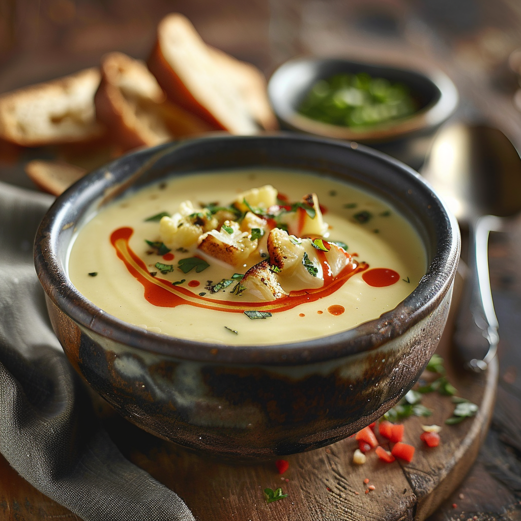 Bloemkool-kaassoep met paprika-crème