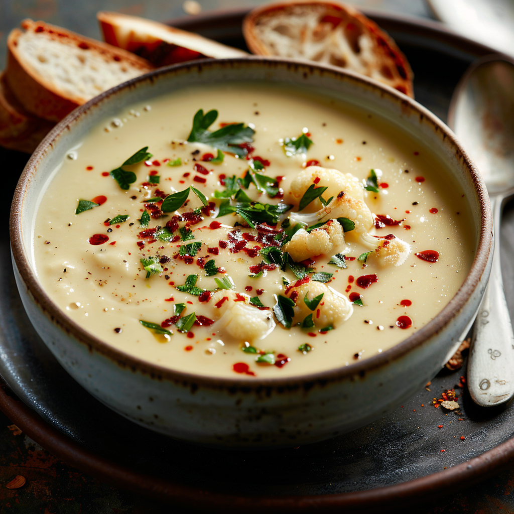 Bloemkool-kaassoep met paprika-crème