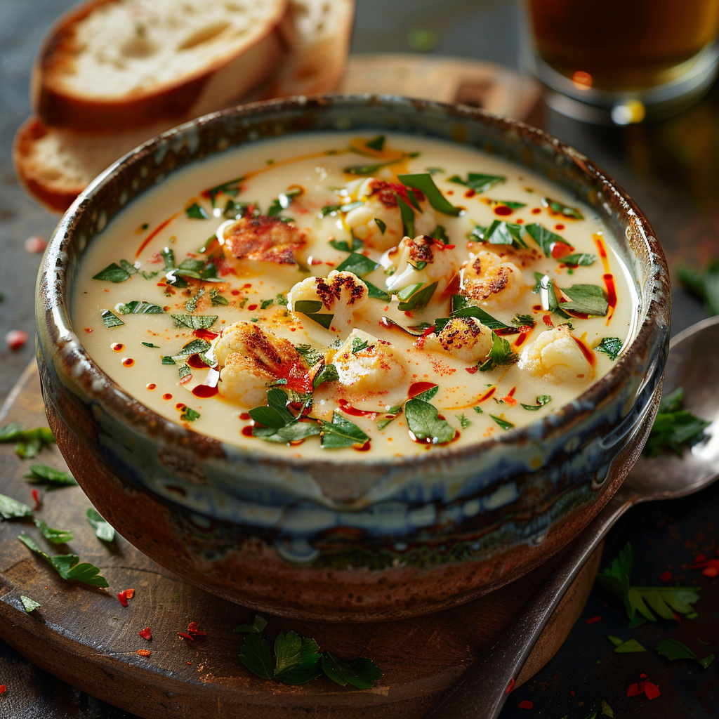 Bloemkool-kaassoep met paprika-crème