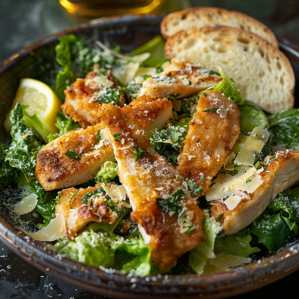 Caesar-salade met krokante kip en Parmezaanse kaas