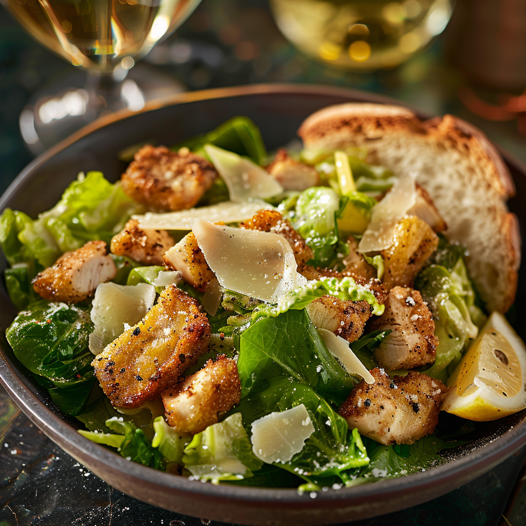Caesar-salade met krokante kip en Parmezaanse kaas