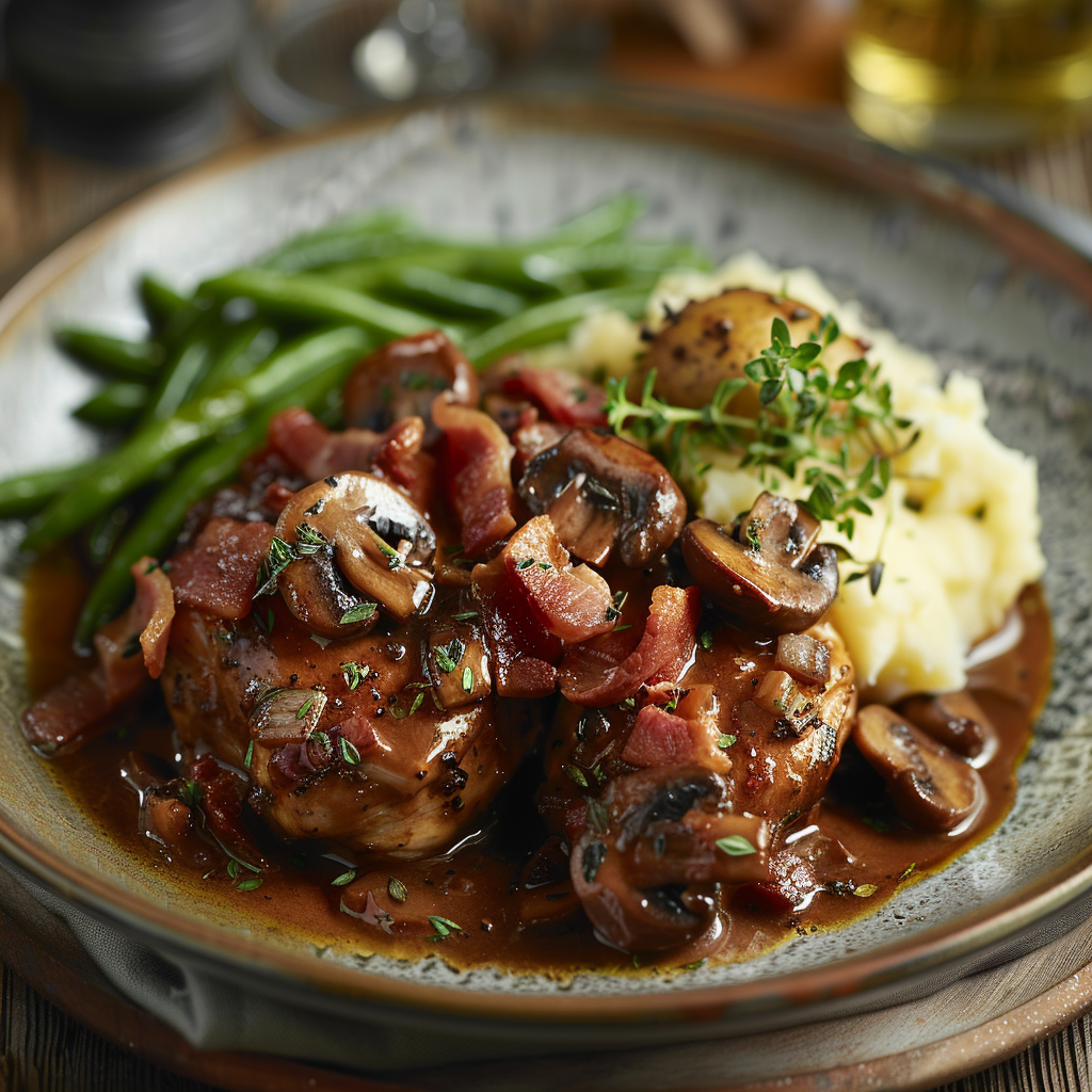 Coq au vin met spekjes en champignons