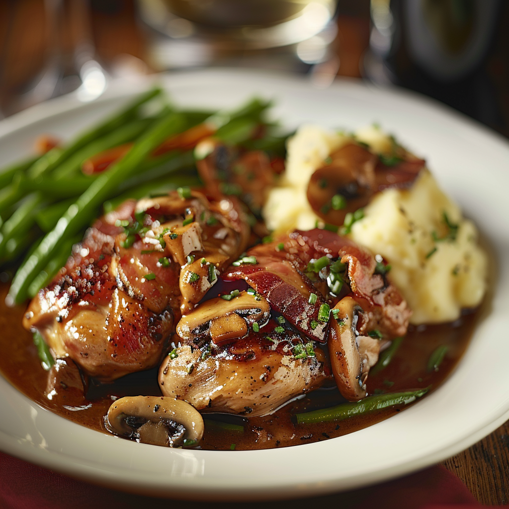 Coq au vin met spekjes en champignons