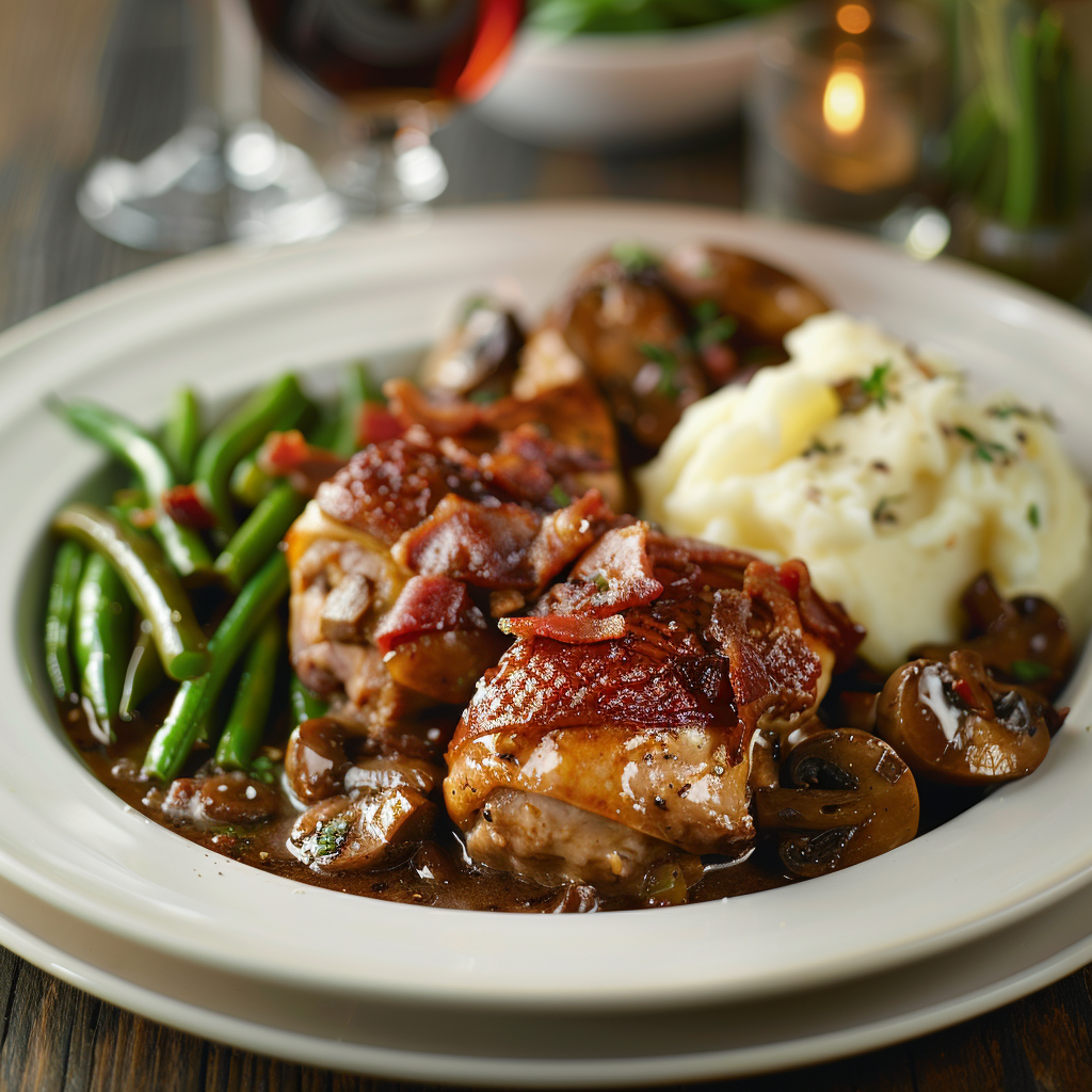 Coq au vin met spekjes en champignons