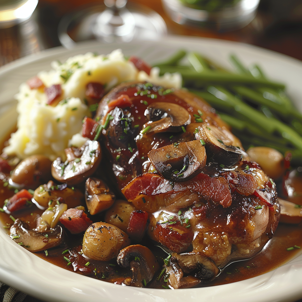 Coq au vin met spekjes en champignons