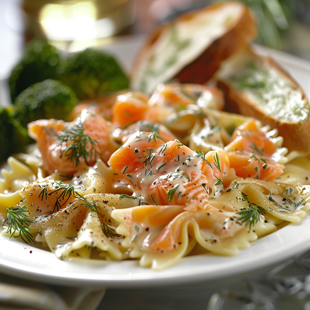 Farfalle met zalm, dille en citroensaus