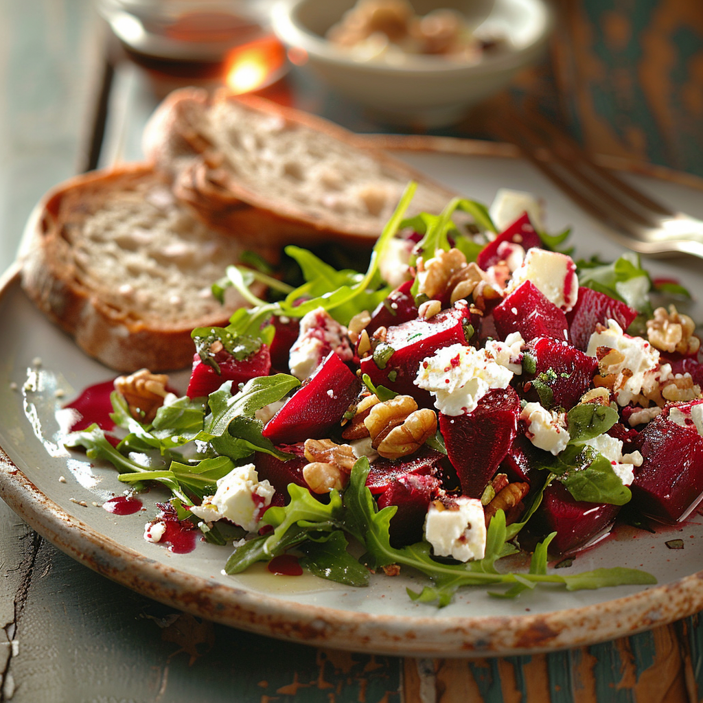 Feta-bietensalade met rucola en walnoten