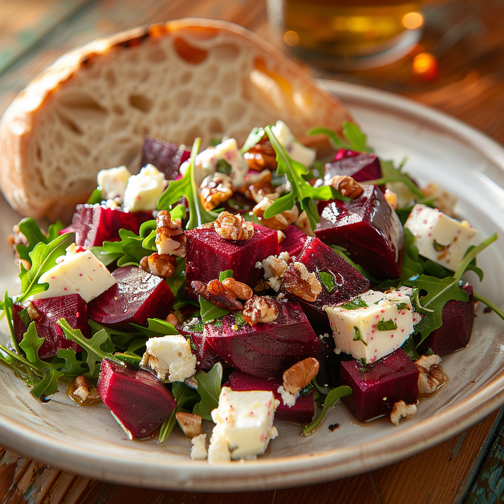 Feta-bietensalade met rucola en walnoten