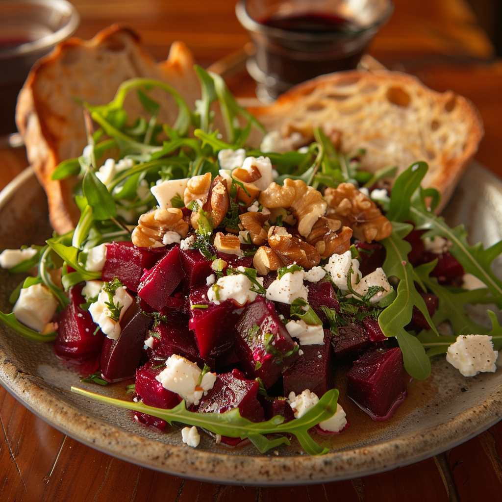 Feta-bietensalade met rucola en walnoten