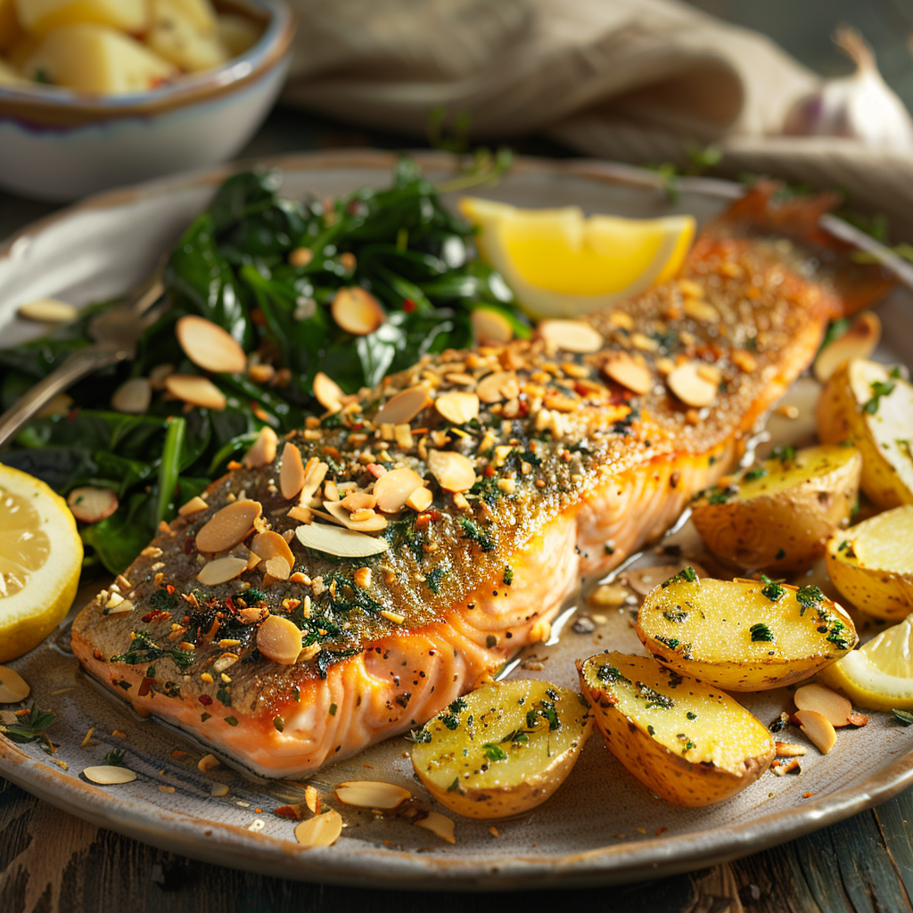 Forel uit de oven met amandelschaafsel en spinazie