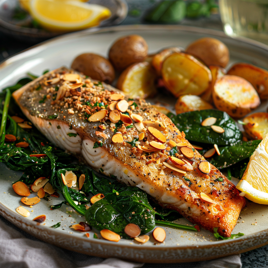 Forel uit de oven met amandelschaafsel en spinazie