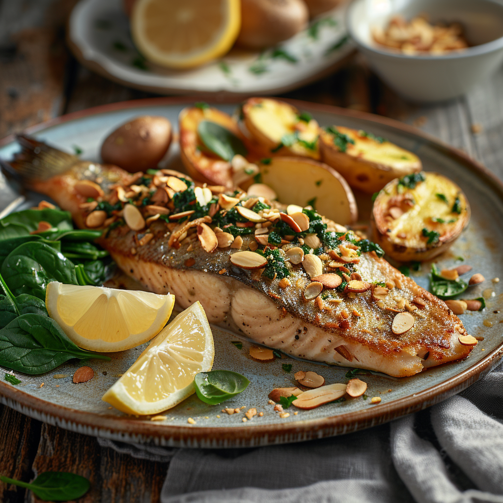 Forel uit de oven met amandelschaafsel en spinazie