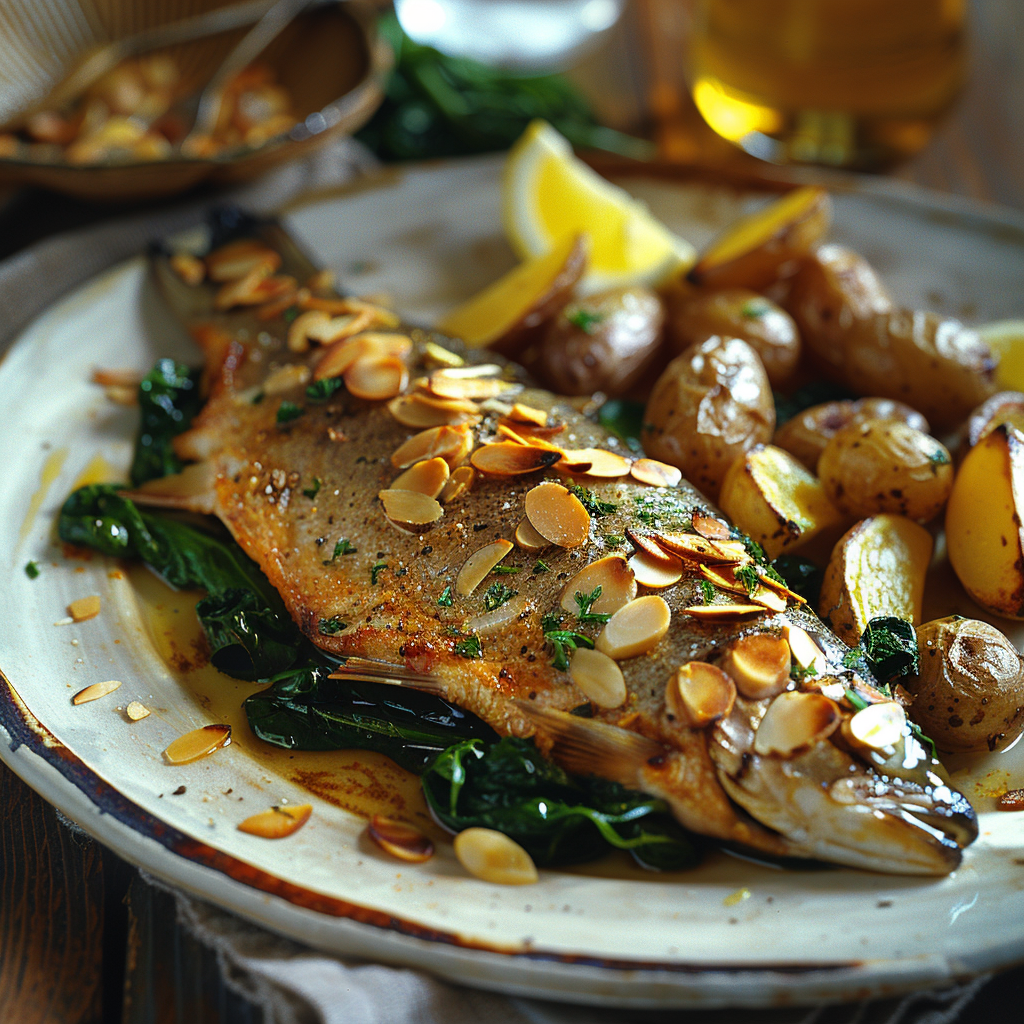 Forel uit de oven met amandelschaafsel en spinazie