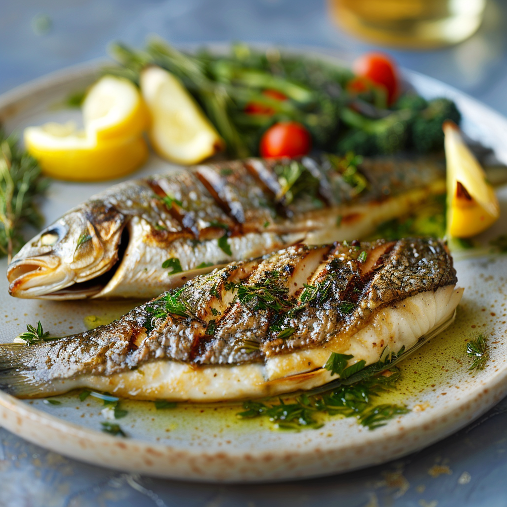 Gegrilde zeebaars met kruidenolie en groene groenten