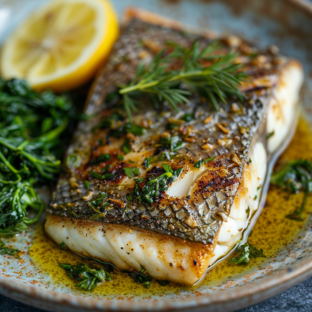 Gegrilde zeebaars met kruidenolie en groene groenten