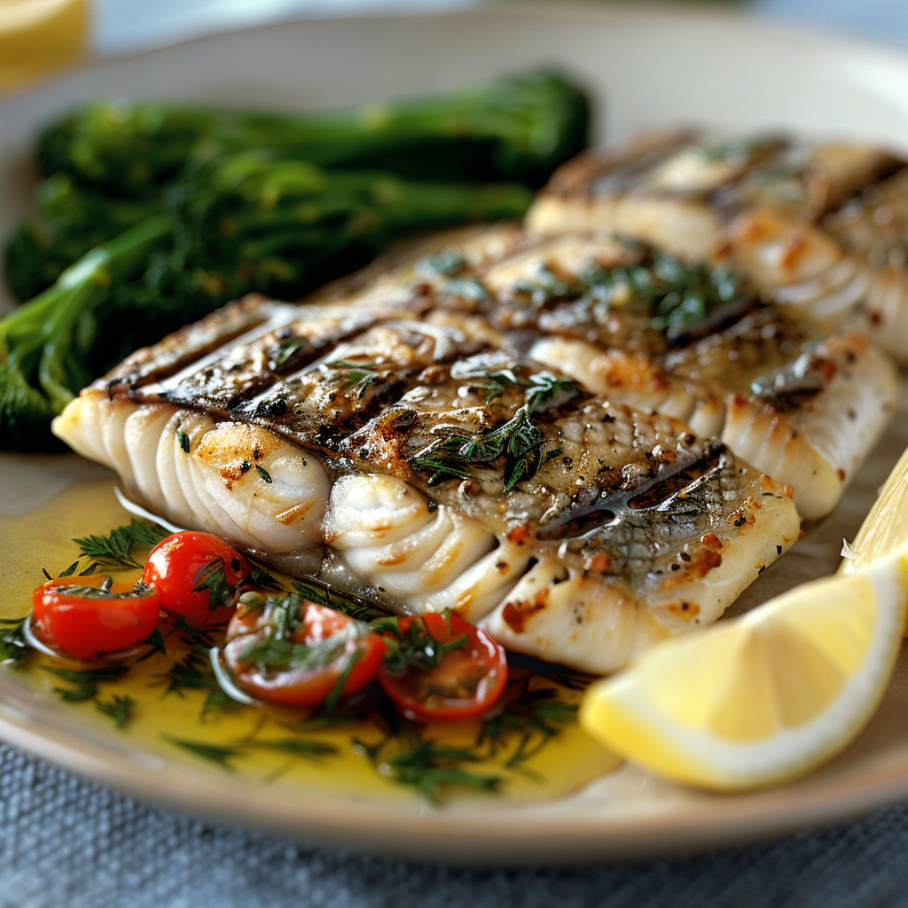 Gegrilde zeebaars met kruidenolie en groene groenten