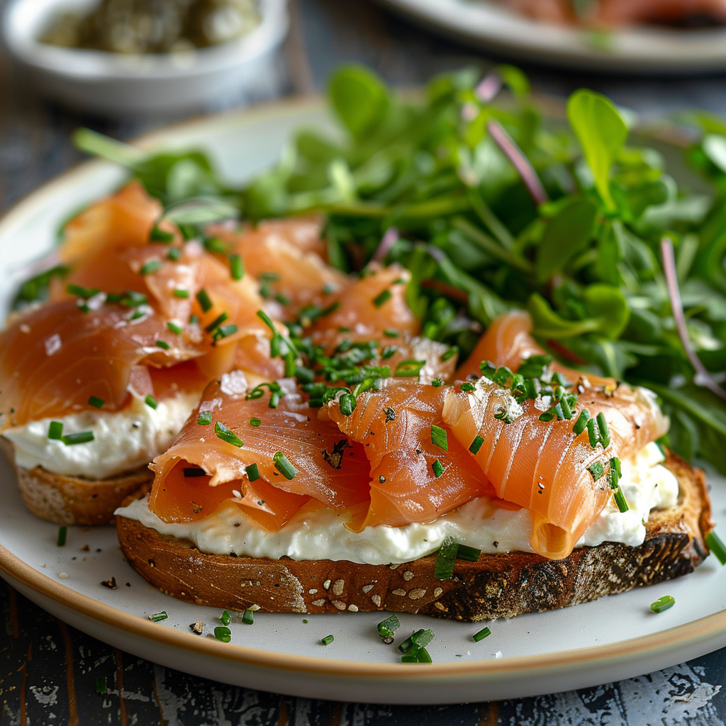 Gerookte forel met roomkaas en bieslook op toast