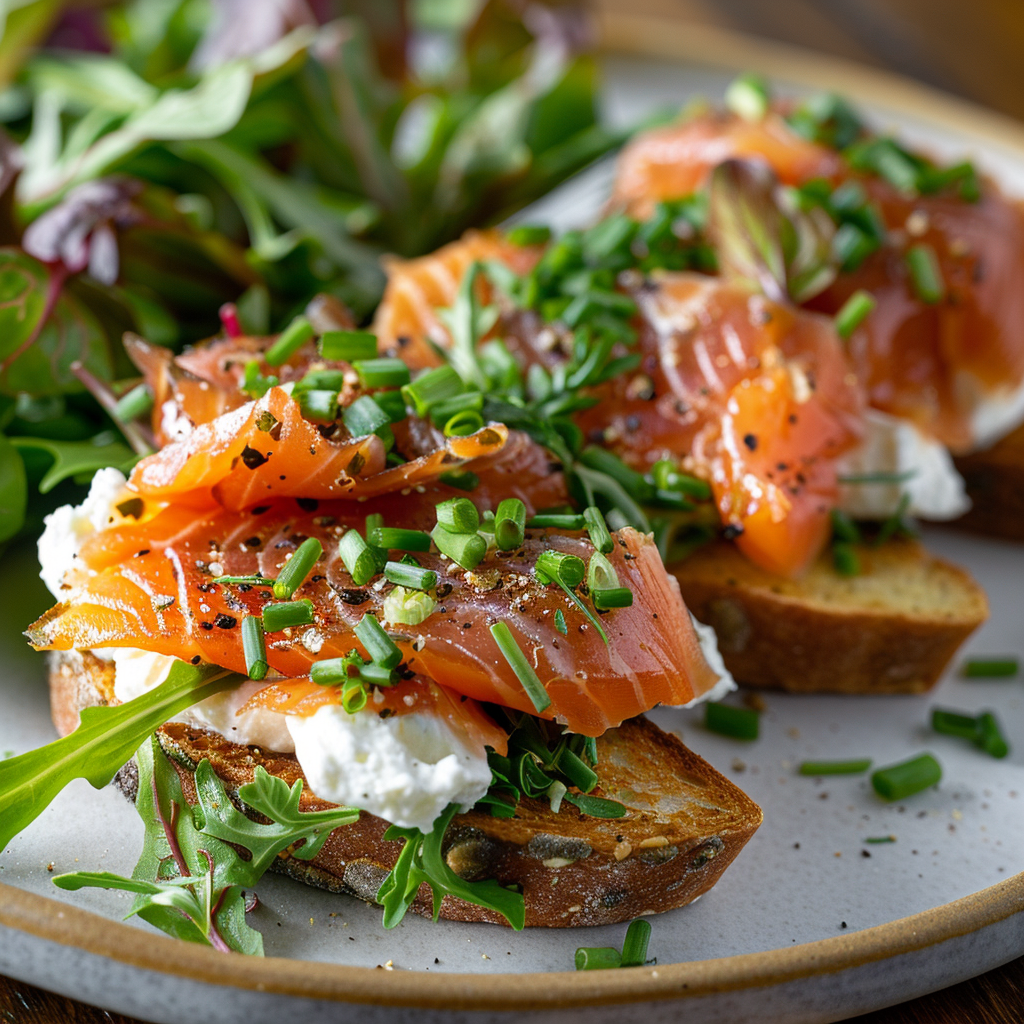 Gerookte forel met roomkaas en bieslook op toast