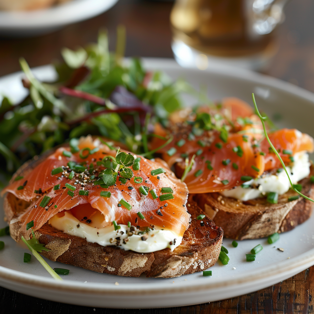 Gerookte forel met roomkaas en bieslook op toast