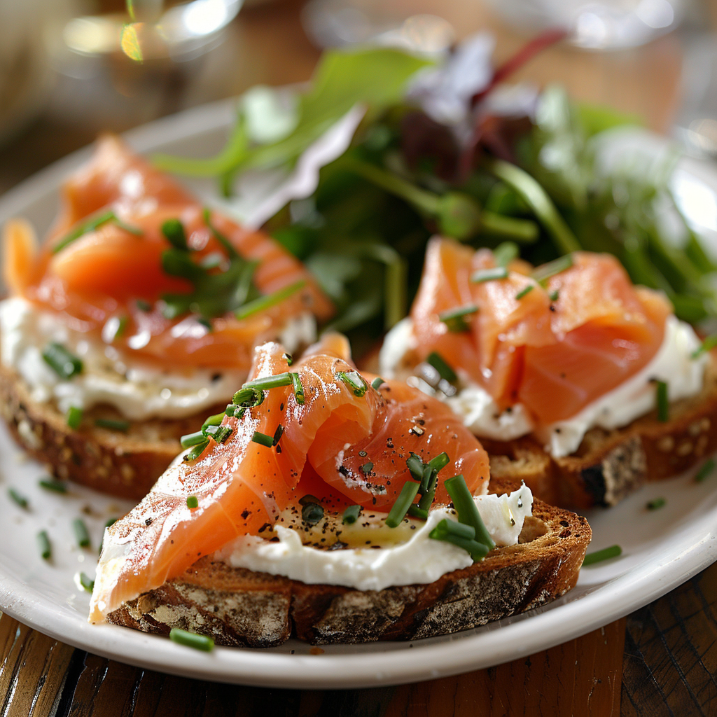 Gerookte forel met roomkaas en bieslook op toast
