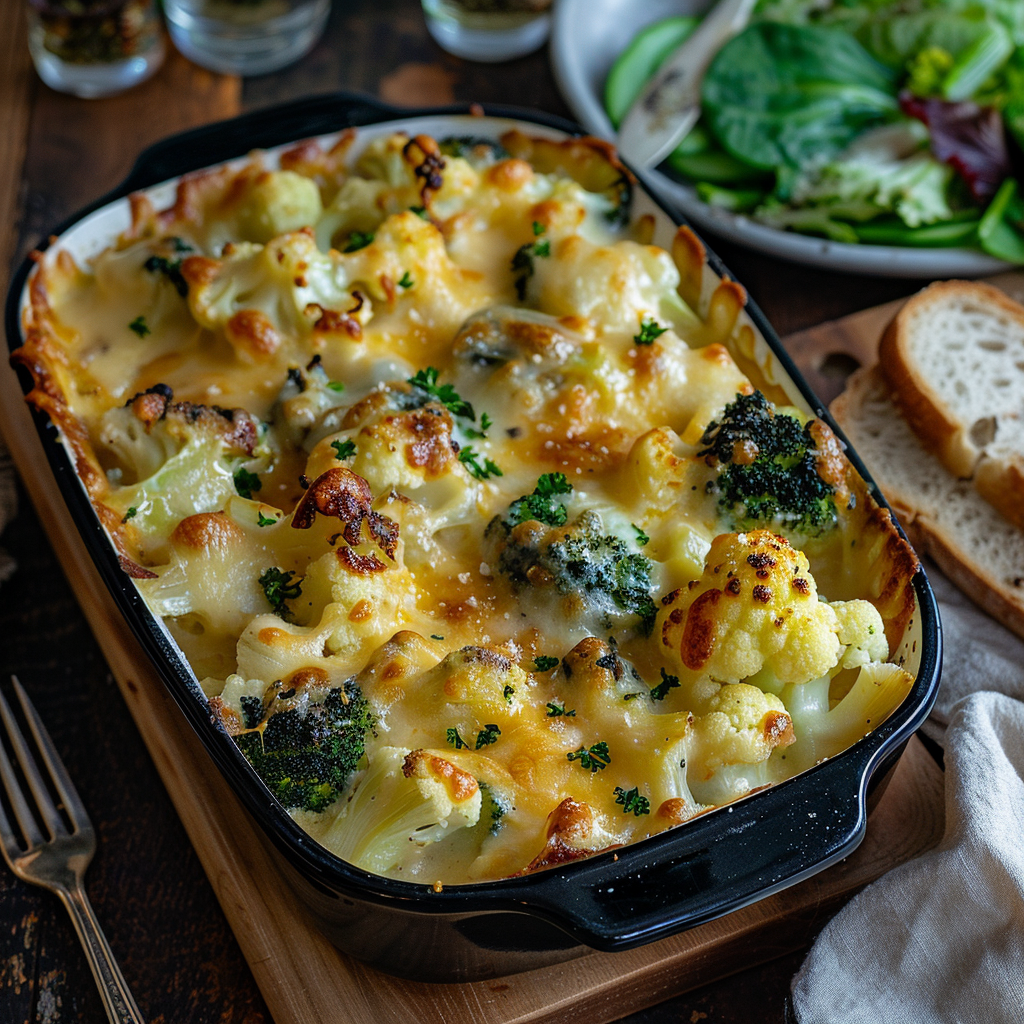 Geroosterde bloemkool-broccoli ovenschotel met cheddar