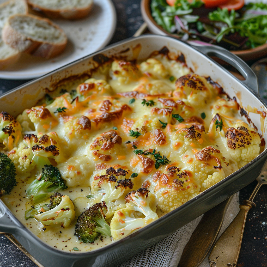 Geroosterde bloemkool-broccoli ovenschotel met cheddar