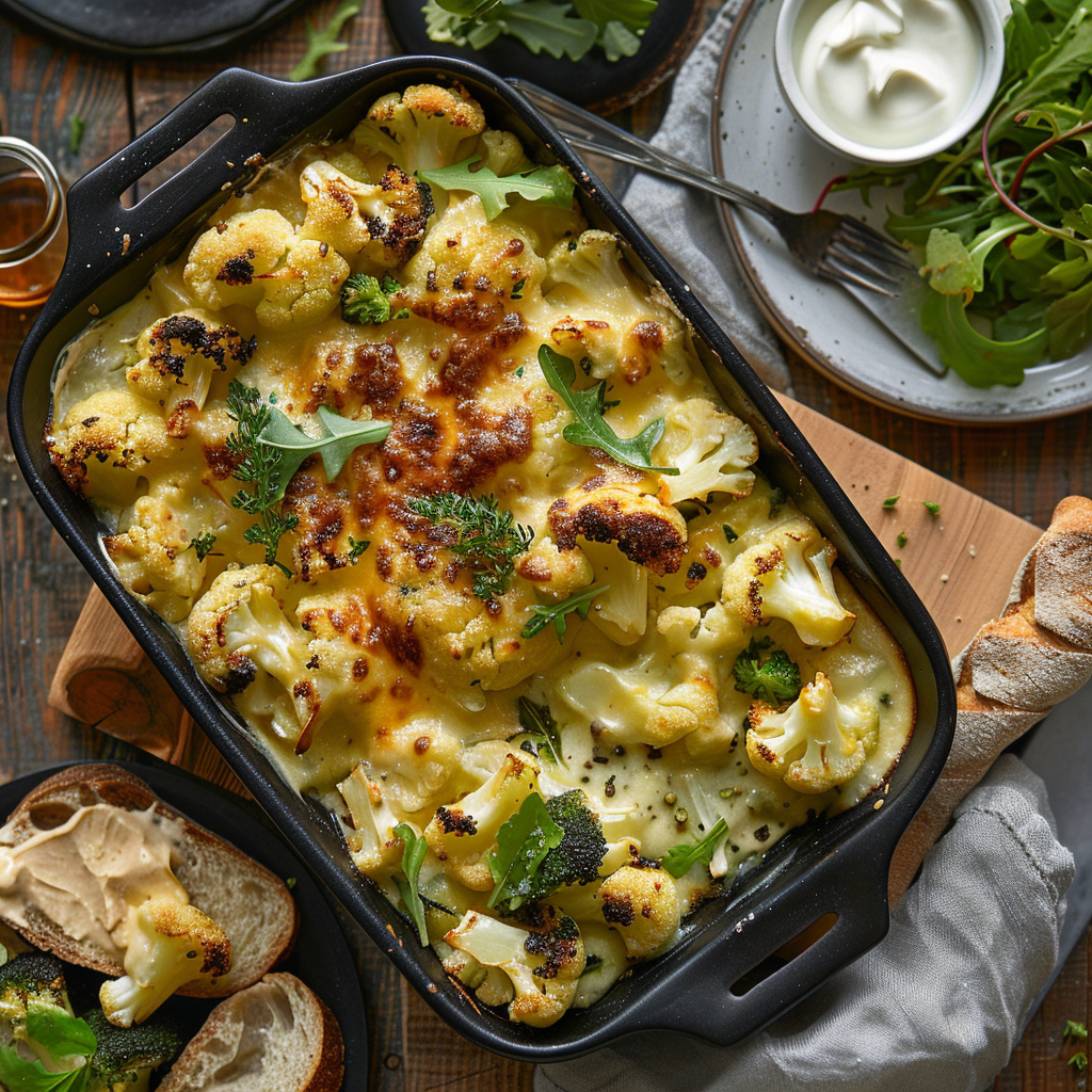 Geroosterde bloemkool-broccoli ovenschotel met cheddar