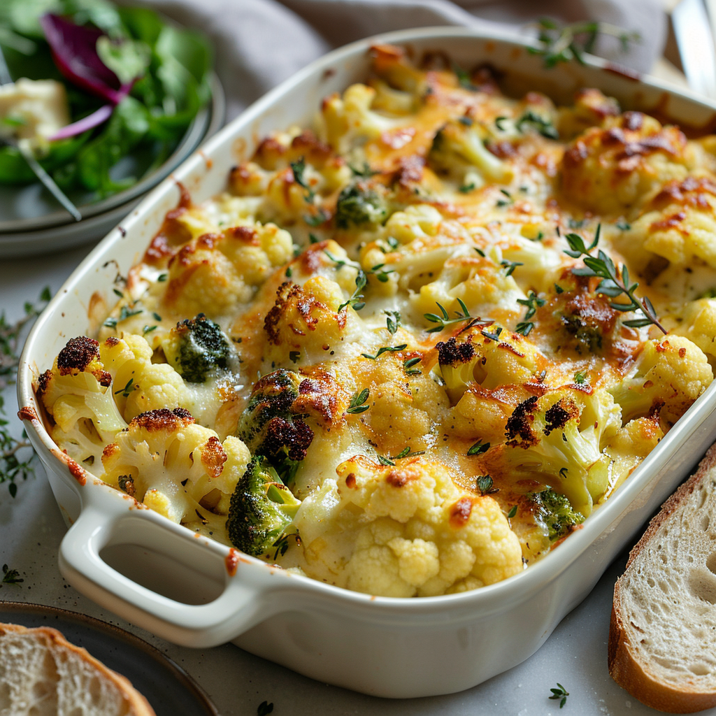 Geroosterde bloemkool-broccoli ovenschotel met cheddar